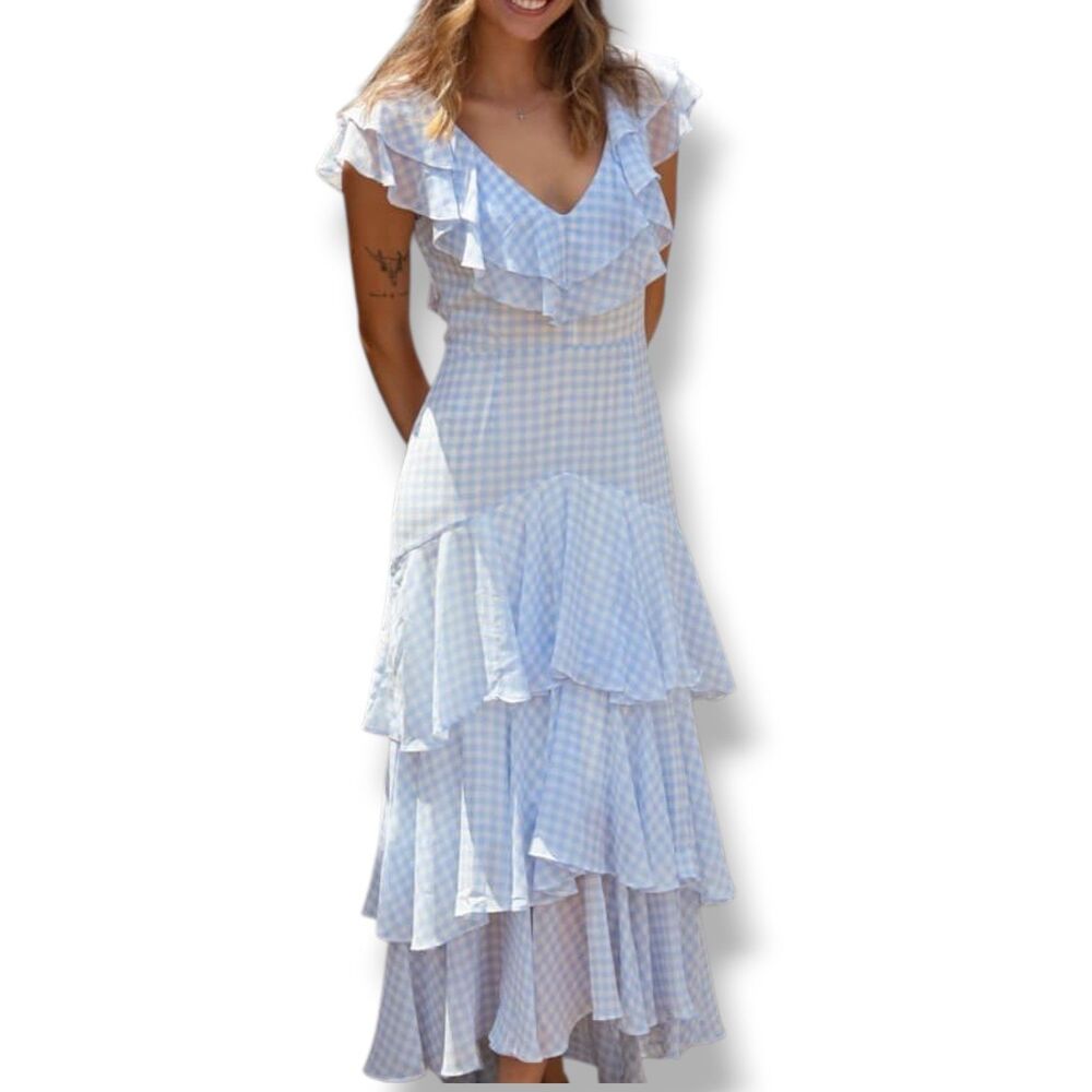 WAYF Light Blue Gingham Ruffle Tiered Chiffon Maxi Dress XL Boho Romantic Resort